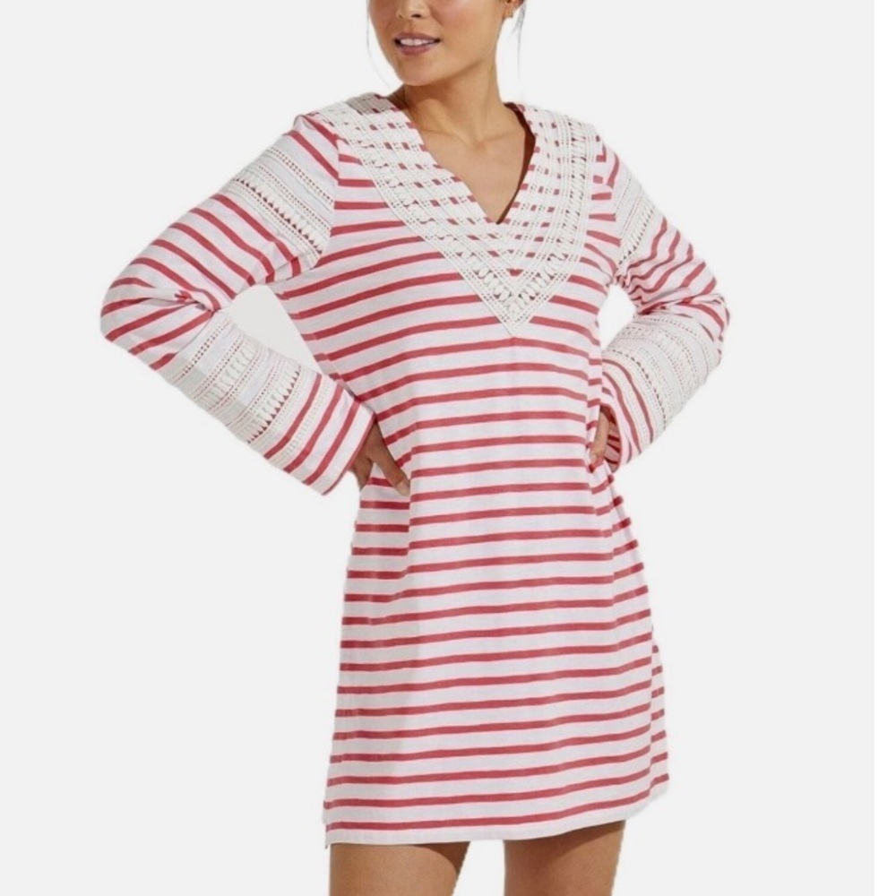 Coolibar Samoa Bay Cover-Up Mini Dress Red White Stripe Bell Sleeve Lace M NWT